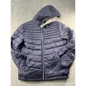 Guess Reversible Puffer Jacket Men L Blue Gray Winter Coat Parka Hood Zip Up